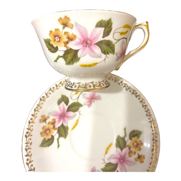 Vintage Aynsley porcelain cup & saucer, pink & yellow flowers - Picture 2 of 16